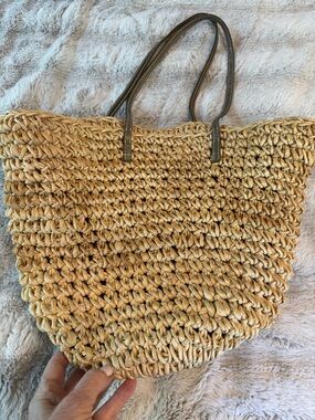 JCrew Woven Straw Tote Bag leather straps